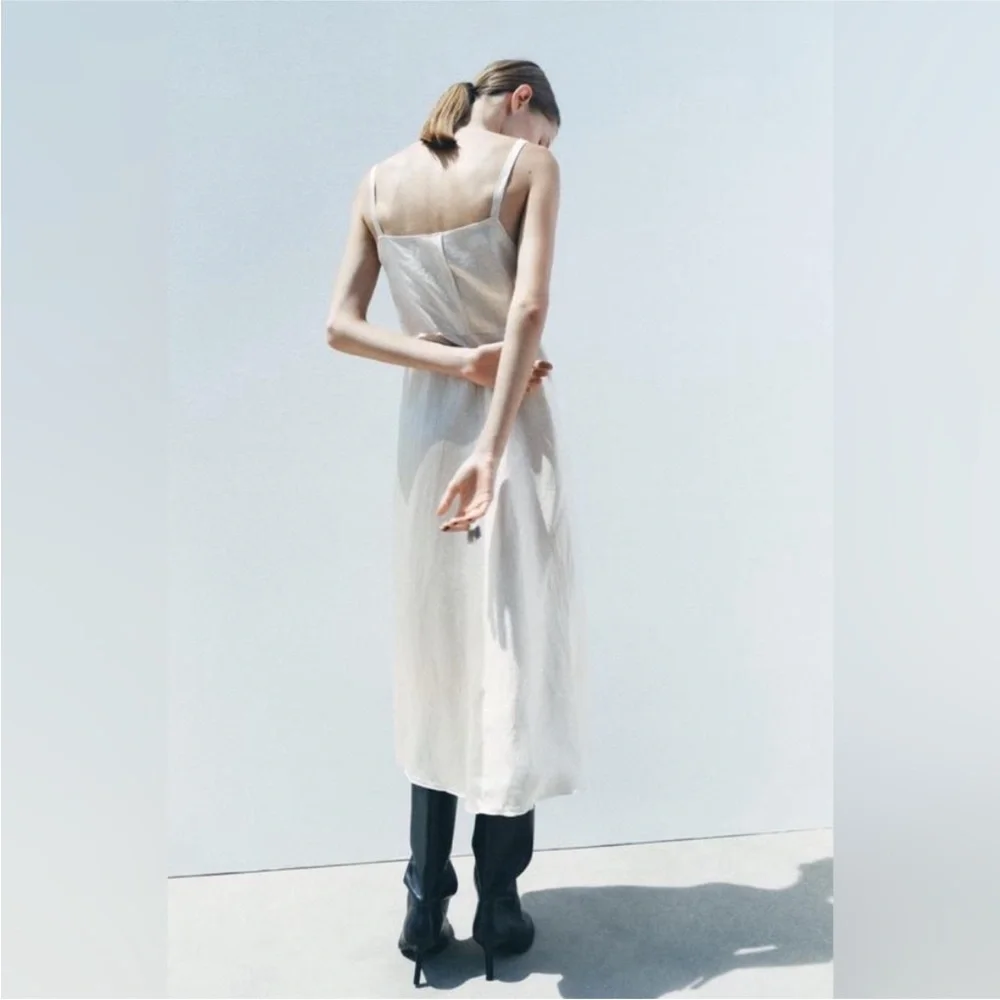 Zara Cream Satin Midi Dress with Spaghetti Straps